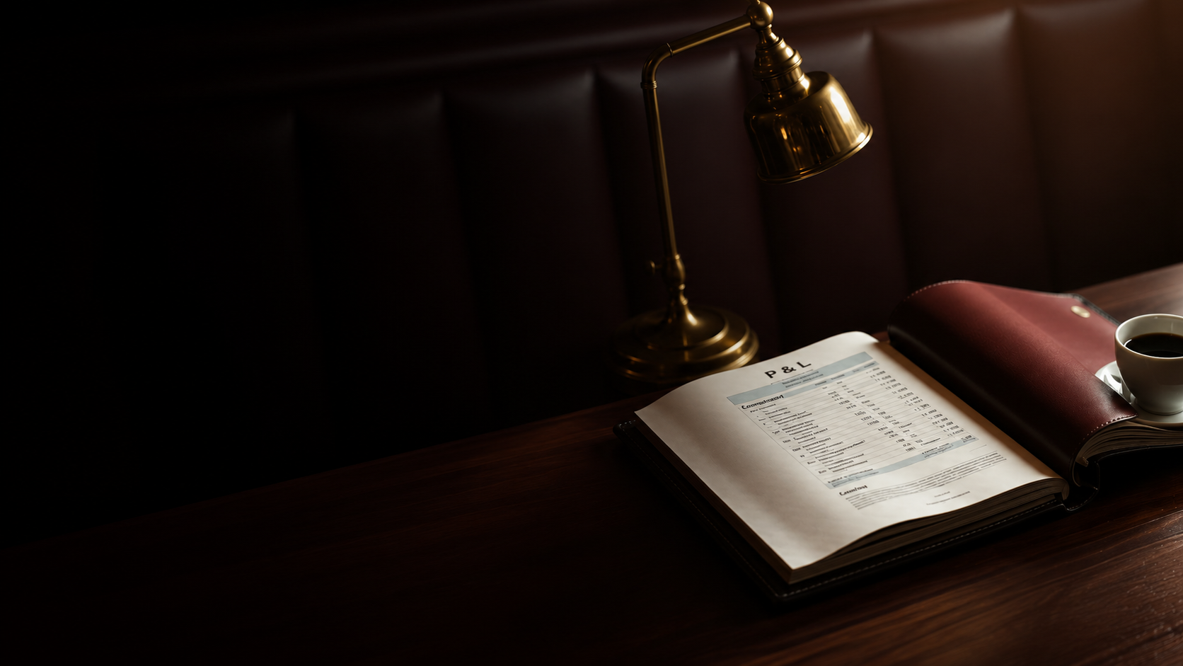 P&L ledger on a leather-bound book under brass lamplight with espresso