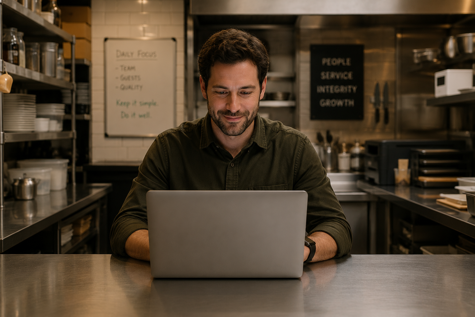 Restaurant operator reviewing reports on a laptop in the kitchen