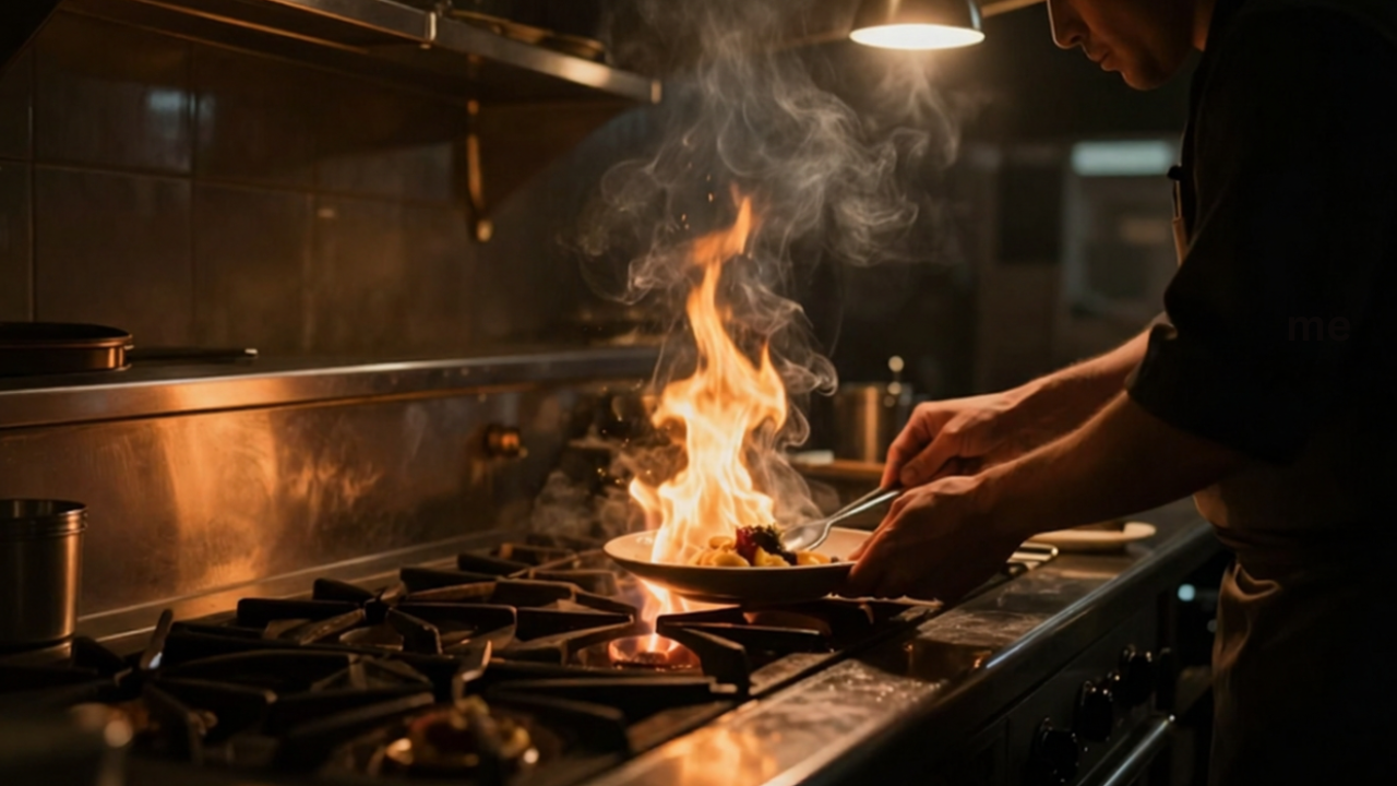 Chef finishing a dish over open flame