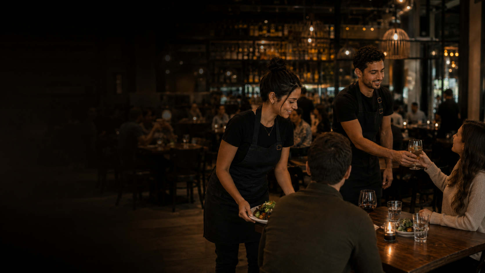 Restaurant staff serving guests at a candlelit table